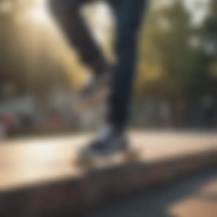 Skateboarder performing tricks while wearing low top Vans platform shoes.