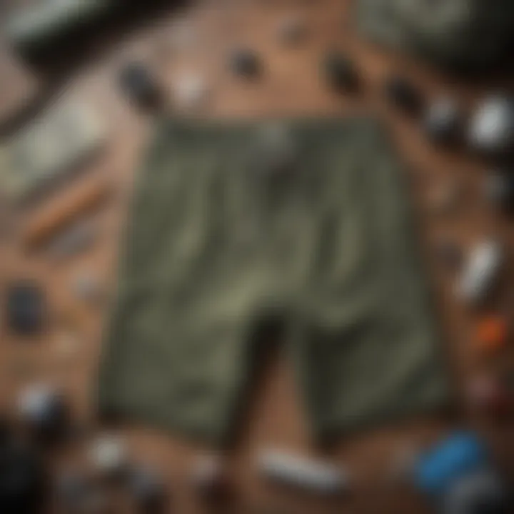 Camo jogger shorts laid out with maintenance products