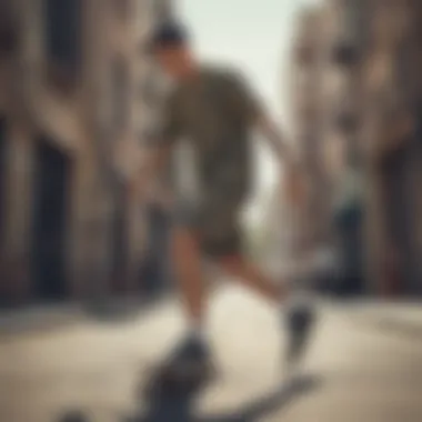 Skateboarder wearing camo jogger shorts in an urban environment