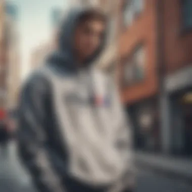 Model wearing the Champion Hoodie in an urban skate setting