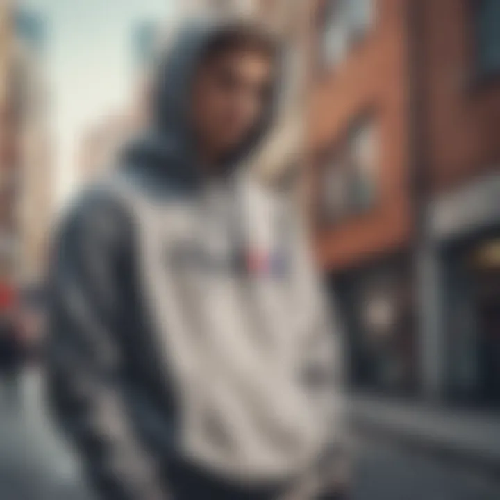 Model wearing the Champion Hoodie in an urban skate setting