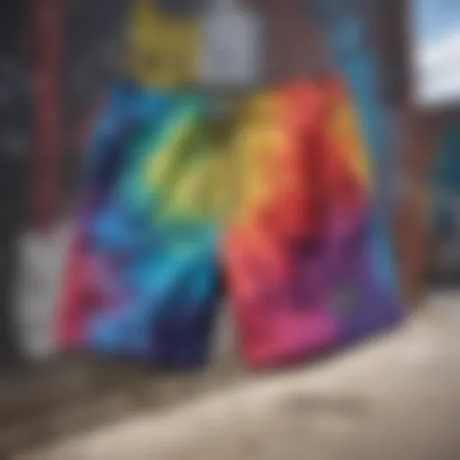 Vibrant Champion tie dye shorts displayed against a graffiti background