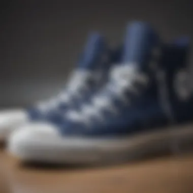 A close-up of the Converse All Star navy shoe showcasing its materials