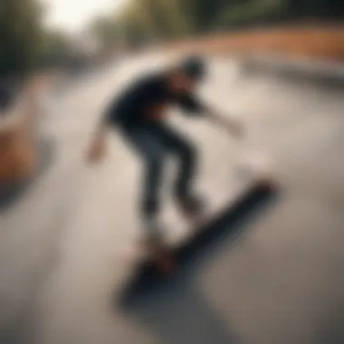 A skateboarder proudly showcasing a custom deck in a skate park