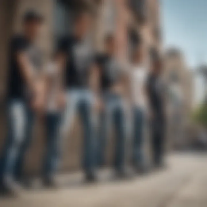 Group of skateboarders wearing ripped jeans in an urban setting