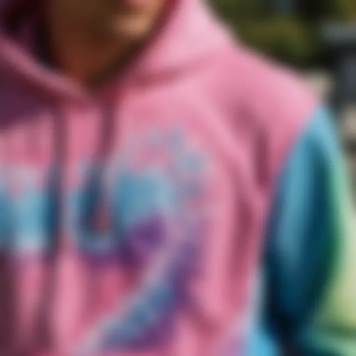 Close-up of the unique tie dye pattern on the Champion hoodie