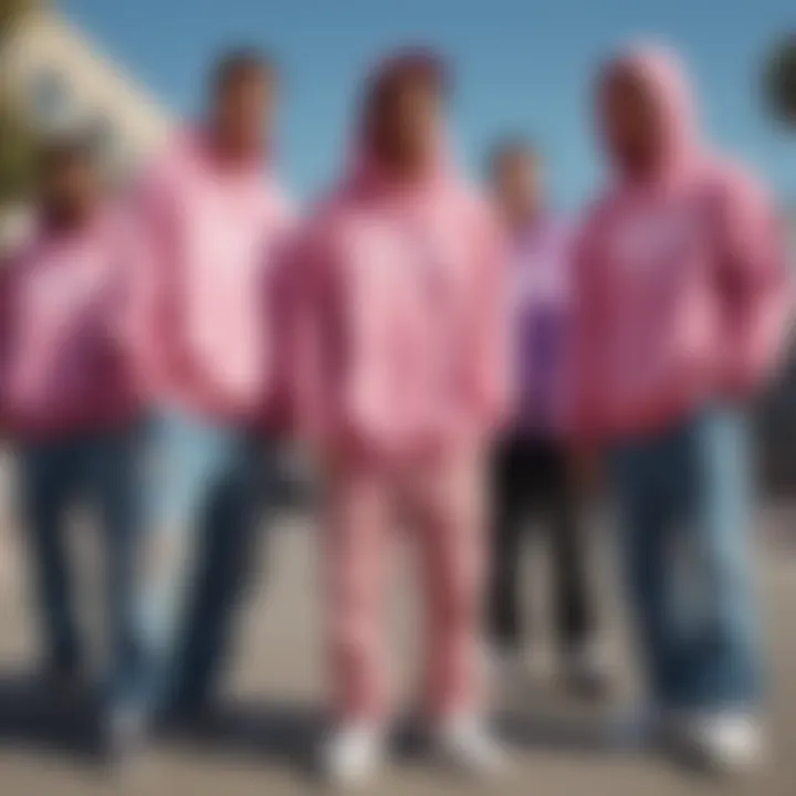 Group of skateboarders showcasing their individual styles with the pink hoodie