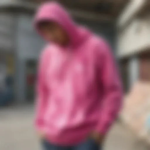 Vibrant pink tie dye Champion hoodie worn in an urban skate park