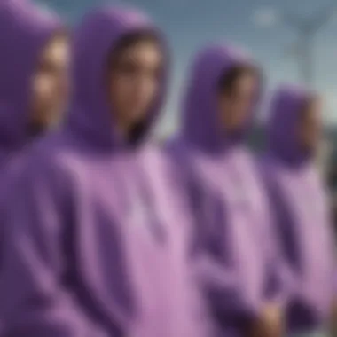 A group of skateboarders wearing violet hoodies, illustrating community and shared identity.