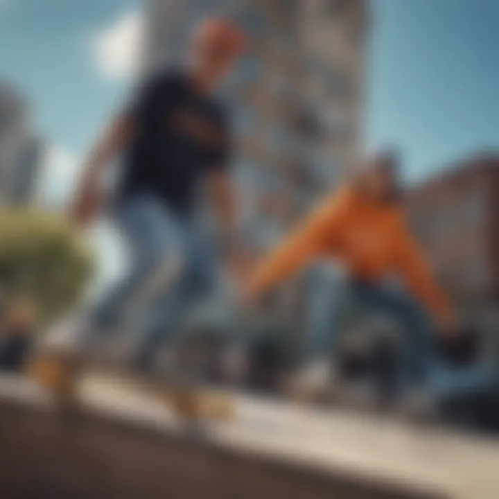 Group of skaters wearing various DC apparel in an urban setting