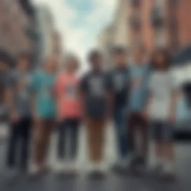 Group of skateboarders showcasing diverse graphic t-shirt styles