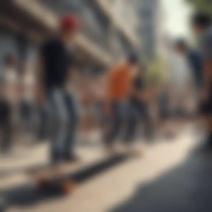 Group of skateboarders interacting around the Element skateboard rail