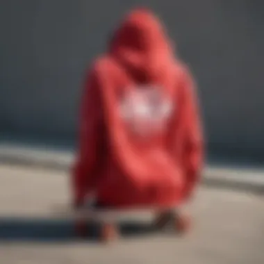 A vibrant red tie dye hoodie displayed on a skateboard, symbolizing the fusion of fashion and skate culture.