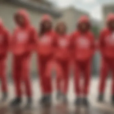 A group of skaters wearing red tie dye hoodies, reflecting community identity and camaraderie.