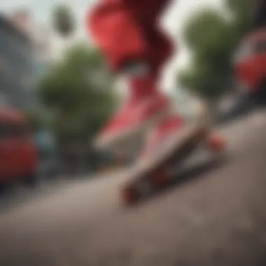 A skateboarder showcasing their all red Vans during a trick