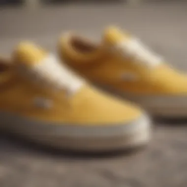 Close-up of mustard colored Vans with a textured background