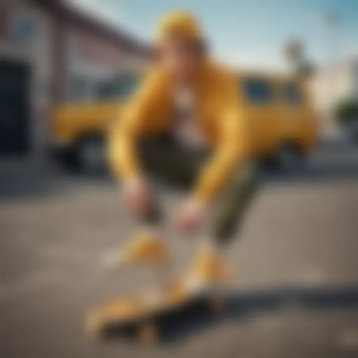 A skateboarder showcasing their outfit featuring mustard Vans