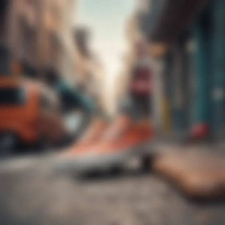 Diverse skateboarding footwear displayed in a street setting