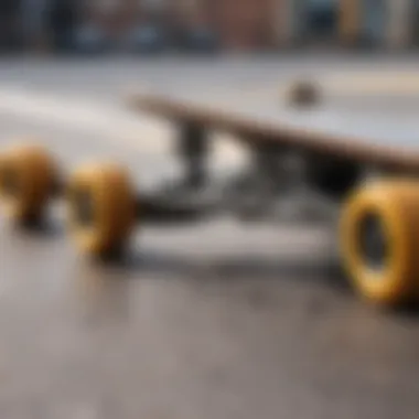 Close-up of skateboard components including trucks, wheels, and deck