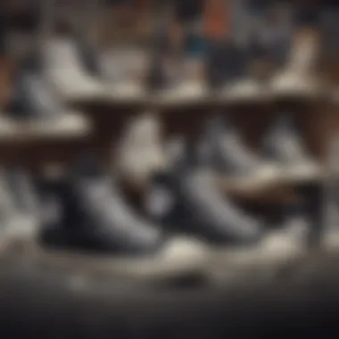 A collection of vintage ladies black high top Converse displayed artistically