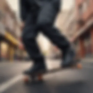 A close-up of a skateboarder wearing Black JNCOs, showcasing the unique style and fit.