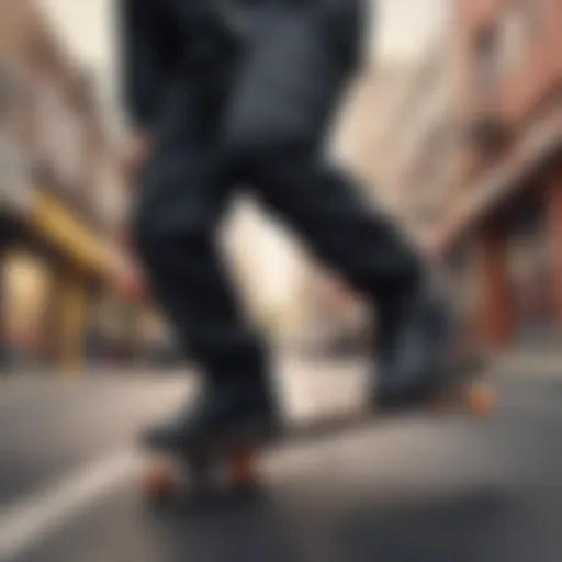 A close-up of a skateboarder wearing Black JNCOs, showcasing the unique style and fit.