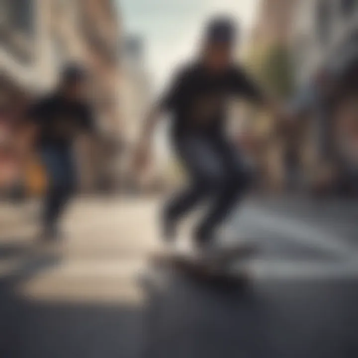 A vibrant street scene featuring diverse skateboarders in Black JNCOs, highlighting community and culture.