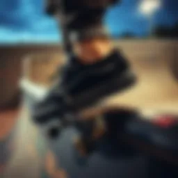 Dynamic view of black skater vans in motion on a skateboarding ramp