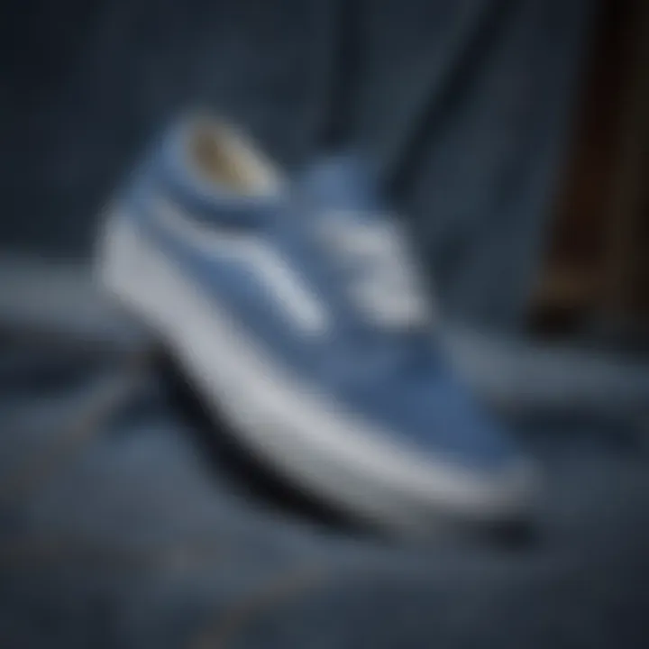 Close-up of blue denim texture on Vans shoes