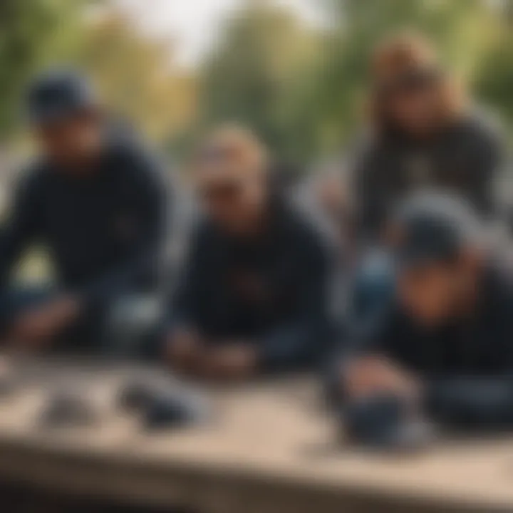 A group of skateboarders showcasing their Brixton hats in a park