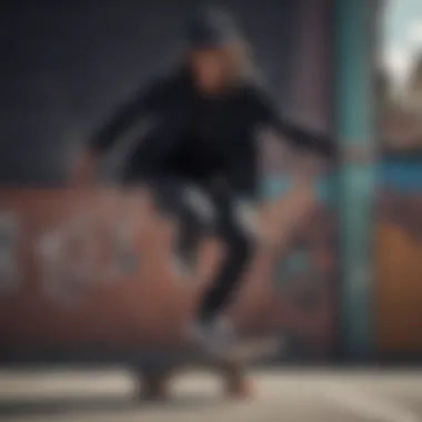 A skateboarder wearing a black Brixton hat while performing a trick