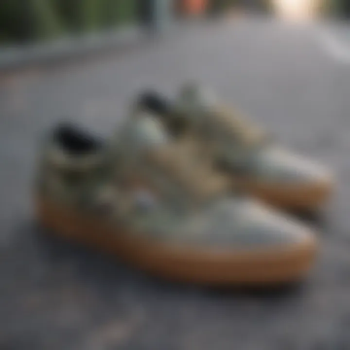 Camo patterned Vans skate shoes on a skateboard