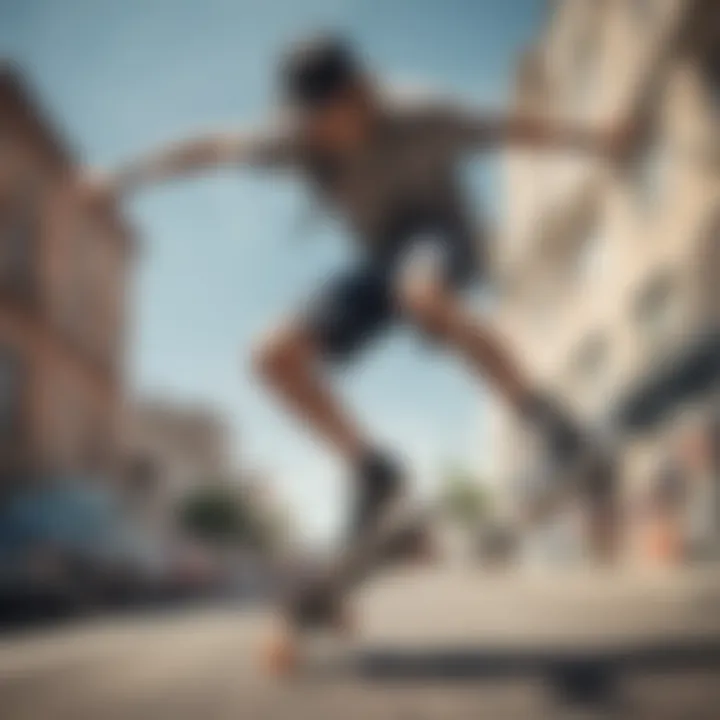 Skateboarder wearing stylish shorts in action