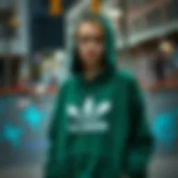 A stylish dark green hoodie showcased in an urban skate park setting.