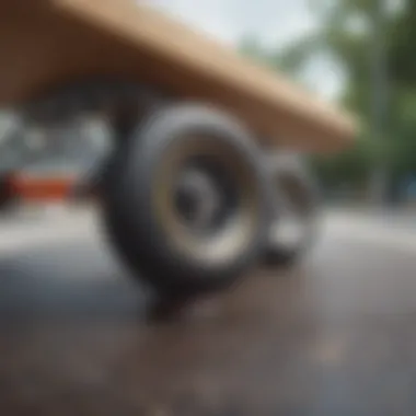 A close-up view of skateboard wheels and trucks emphasizing durability.