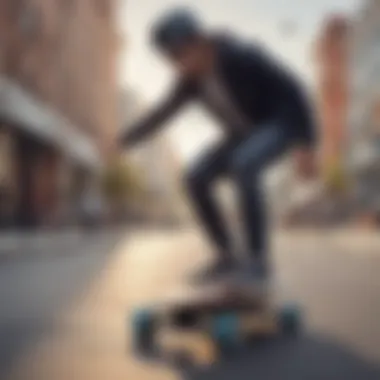 A rider demonstrating the enhanced maneuverability of an electric skateboard with a handle