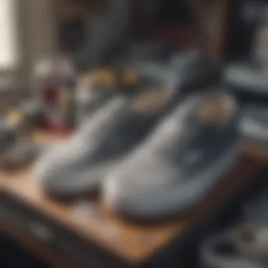 An organized setup for maintaining grey Vans Authentic shoes, featuring cleaning tools and products.