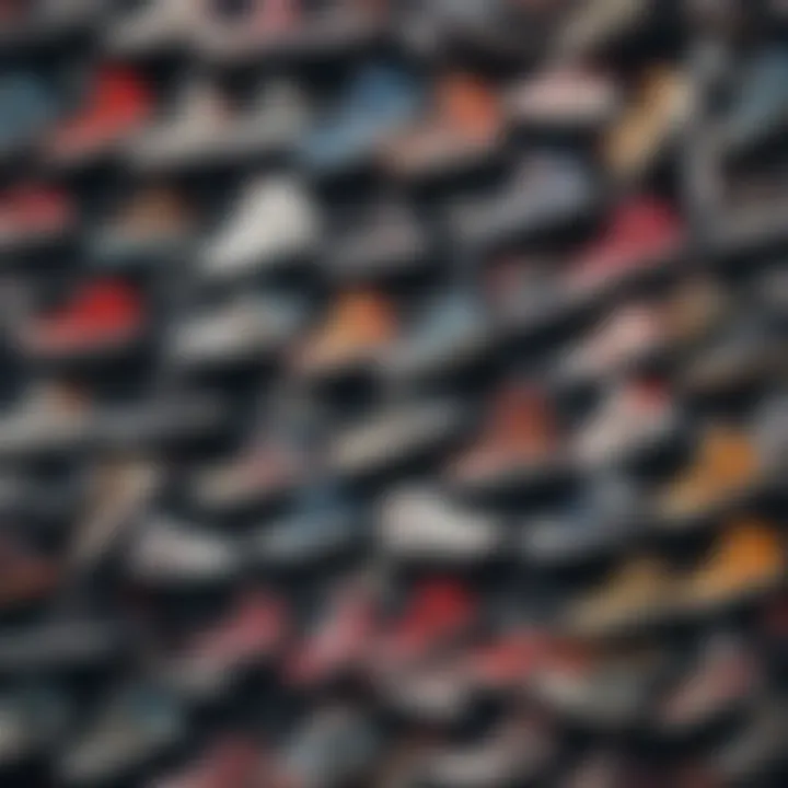 A collection of high top DC shoes on display
