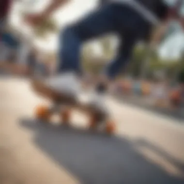 A close-up of a skater performing tricks on a handmade skateboard in a local skate park.