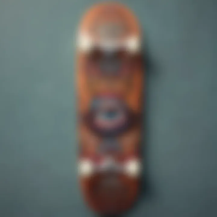 A vibrant skateboard deck showcasing unique artwork from an independent brand.