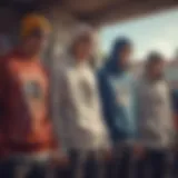 A group of skateboarders wearing trendy sweatshirts showcasing their personal styles.