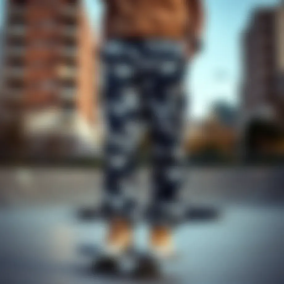 Stylish light camo pants showcased in an urban skate park setting