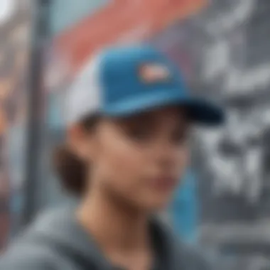 Various color variations of the Nike SB Performance Trucker Hat displayed on a graffiti backdrop, emphasizing its fashion appeal.