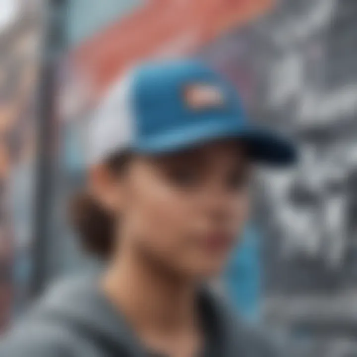 Various color variations of the Nike SB Performance Trucker Hat displayed on a graffiti backdrop, emphasizing its fashion appeal.