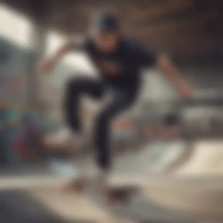 Skateboarder wearing the Nike SB Performance Trucker Hat while performing a trick at a skatepark.