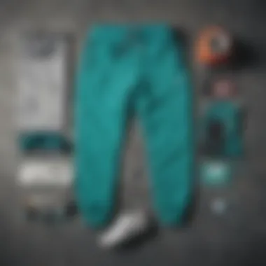 Flat lay of Nike teal sweatpants with skateboard gear