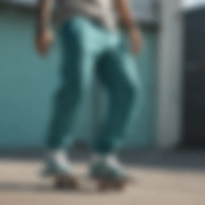 Skateboarder wearing Nike teal sweatpants in action