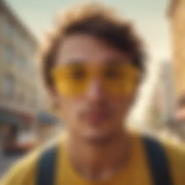 Stylish skateboarder wearing Ray-Ban yellow glasses during a trick