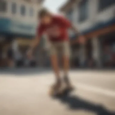 A skateboarder wearing Santa Cruz shorts in an urban skateboarding environment.