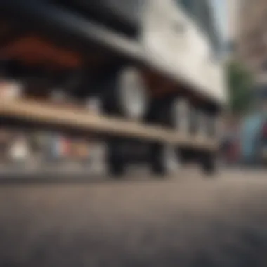 A close-up view of soft trucks mounted on a skateboard deck, showcasing their design and flexibility.